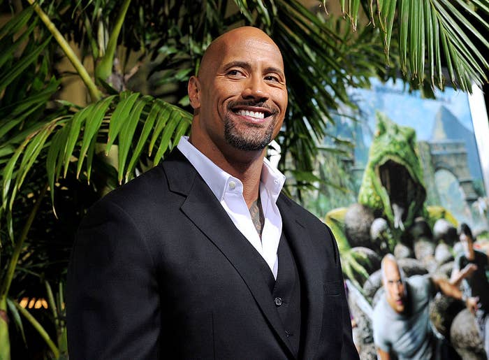 The Rock smiles at a red carpet event in a suit