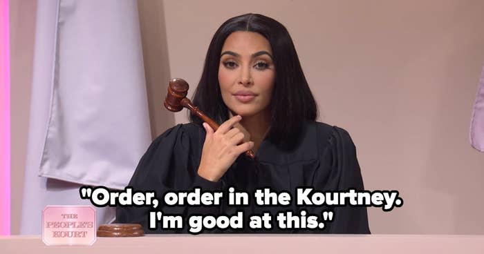 Kim sitting in the judge&#x27;s chair with the caption &quot;Order, order in the Kourtney. I&#x27;m good at this&quot;