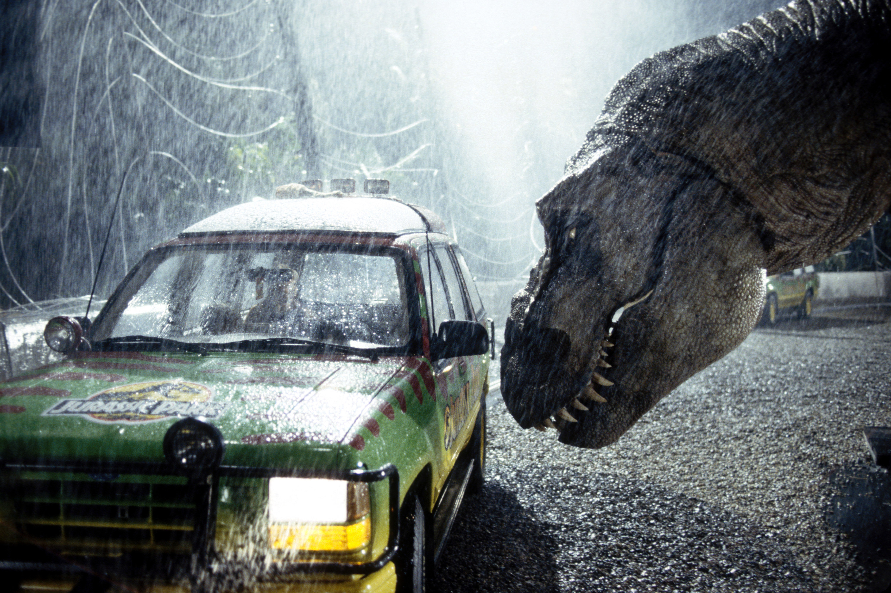 A T-Rex staring at a car in &quot;Jurassic Park&quot;