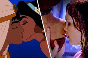 Jasmine and Aladdin kissing side by side with Spider-Man and Mary Jane kissing