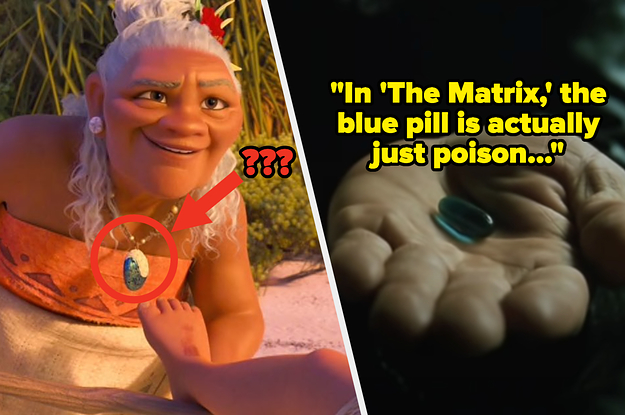 Moana's grandmother with the Heart of Te Fitit side by side with the Blue Pill from "The Matrix" with text reading "In 'The Matrix' the blue pill is actually just poison"
