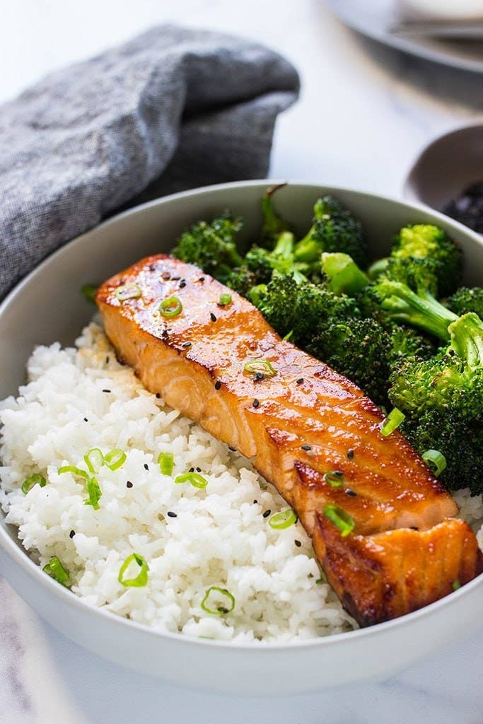 Air Fryer Honey Garlic Salmon with rice and broccoli.