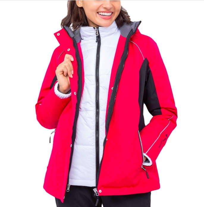 Model wearing the pink zip-up coat