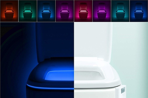 A collage of a toilet glowing all the different colors