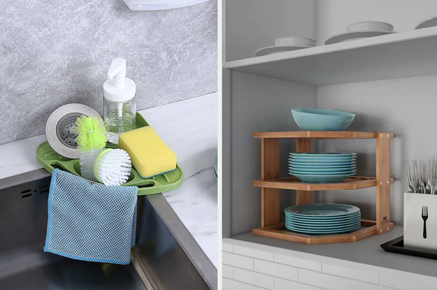 corner kitchen sink organizer, three tier organizer for plates fitting in the corner of a kitchen cabinet