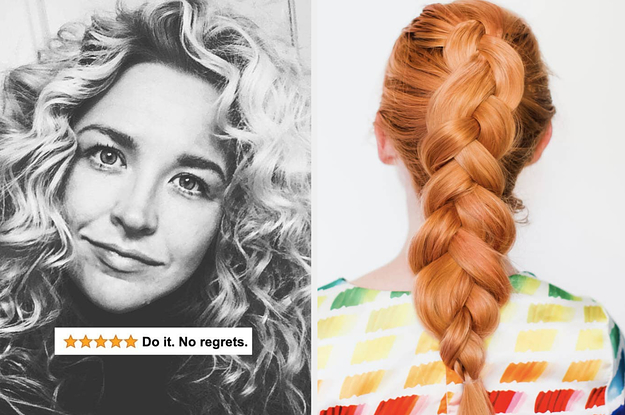 A reviewer with curly hair saying "do it no regrets" / a thick braid