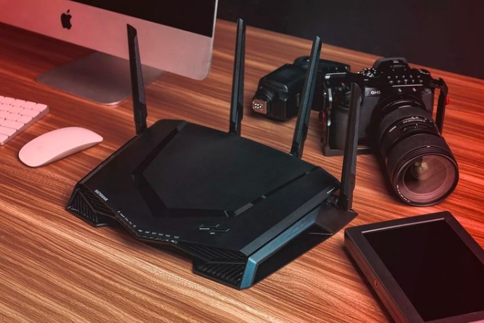 The wifi router set up on a desk