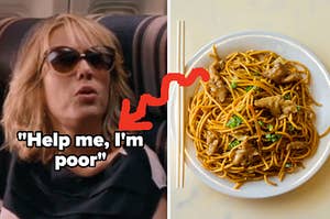 A close up of Kristen Wiig from the movie "Bridesmaid" and an overhead shot of a bowl of lo mein