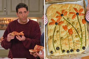 On the left, Ross from Friends holding a piece of pepperoni pizza, and on the right, some focaccia bread with olives and sun-dried tomatoes arranged to look like flowers