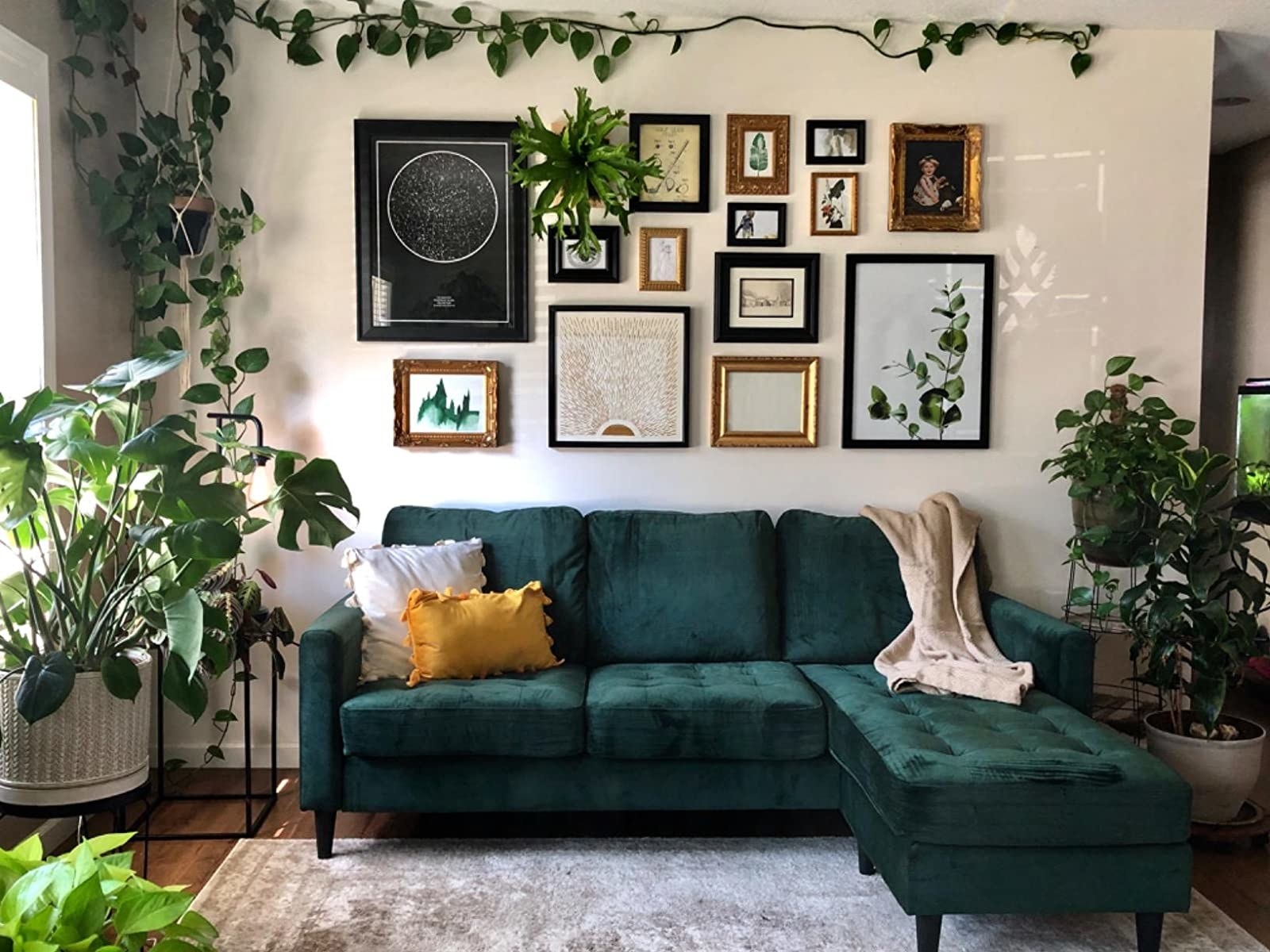 reviewer image of the velvet green sectional in a living room