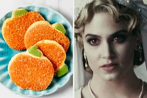 On the left, some pumpkin-shaped sugar cookies on a plate, and on the right, Rosalie from Twilight wearing a wedding dress and veil