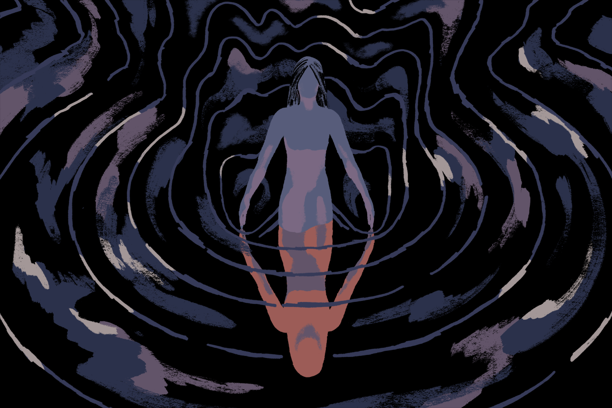 An illustrated image of a woman wading into the water