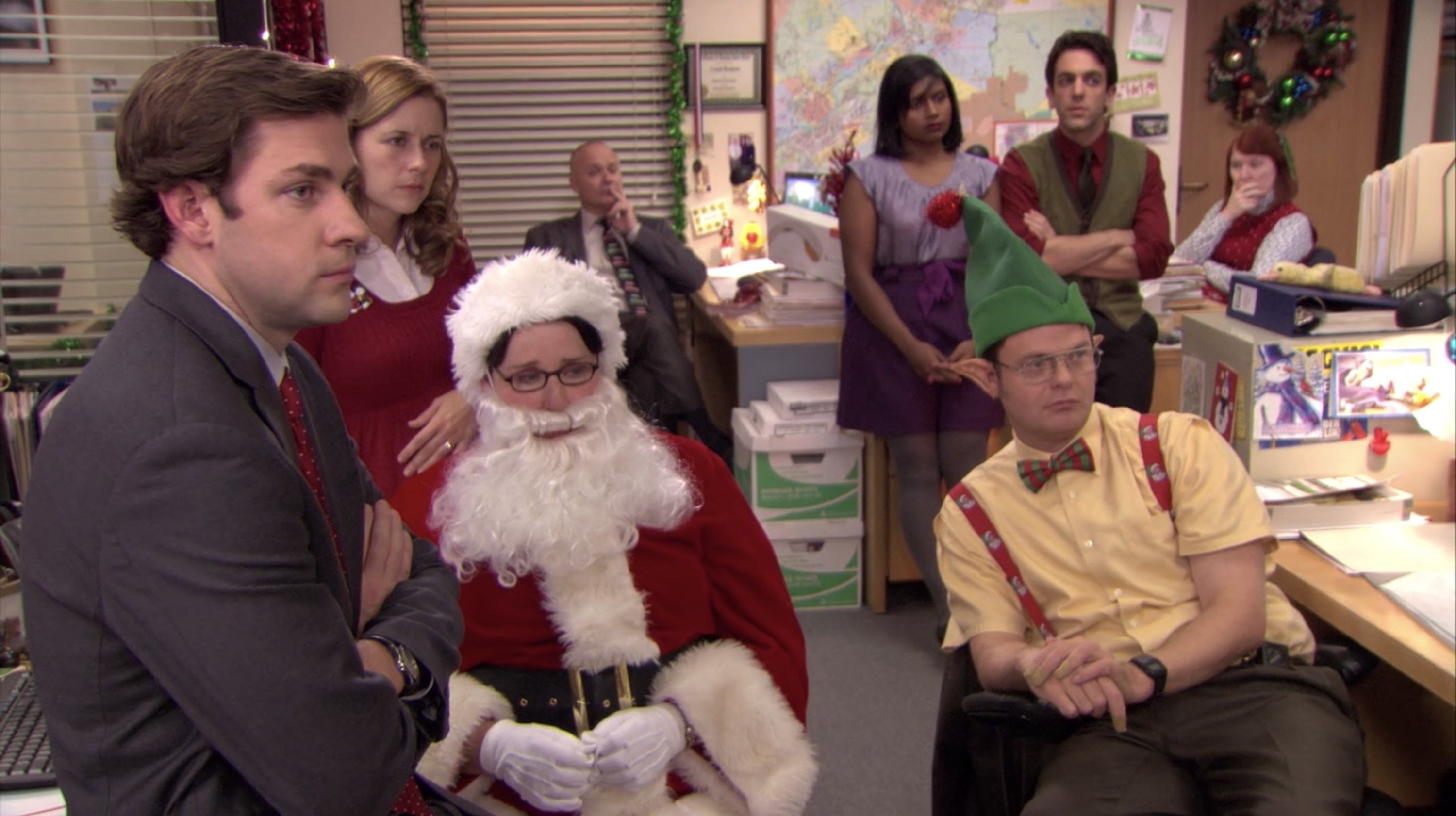 The cast of &quot;The Office&quot; in the Christmas party episode, many of them dressed in festive clothes