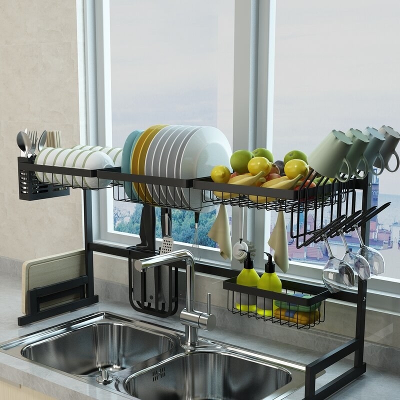 An over-the-sink dish rack
