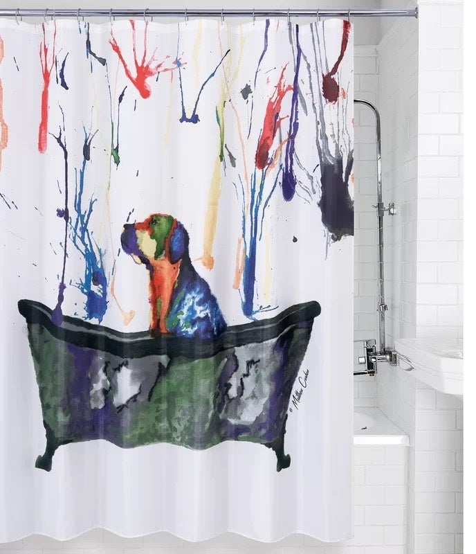 A colorful dog shower curtain