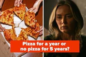 People are sharing pizza on the left with Evelyn looking scared on the right labeled, "Pizza for a year or no pizza for 5 years?'