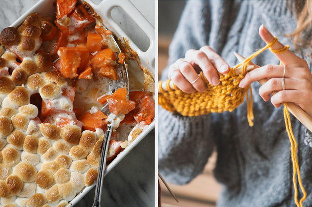 On the left, some sweet potato casserole, and on the right, someone knitting