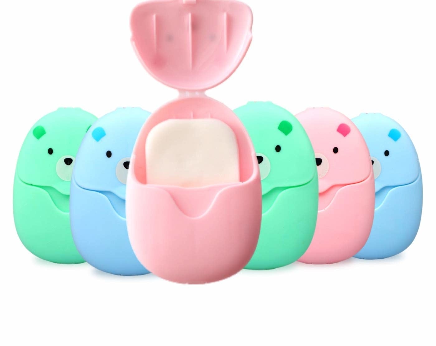 row of bear shaped carrying cases for small soap sheets