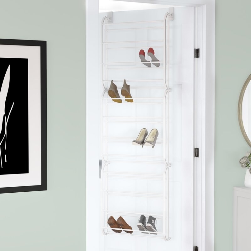 A shoe organizer that can hold up to 36 pairs of shoes