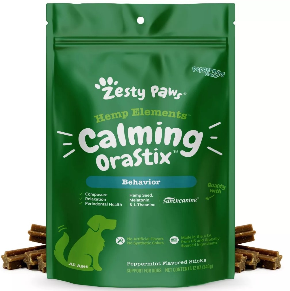 A pack of calming, peppermint flavored, oral-care sticks for dogs