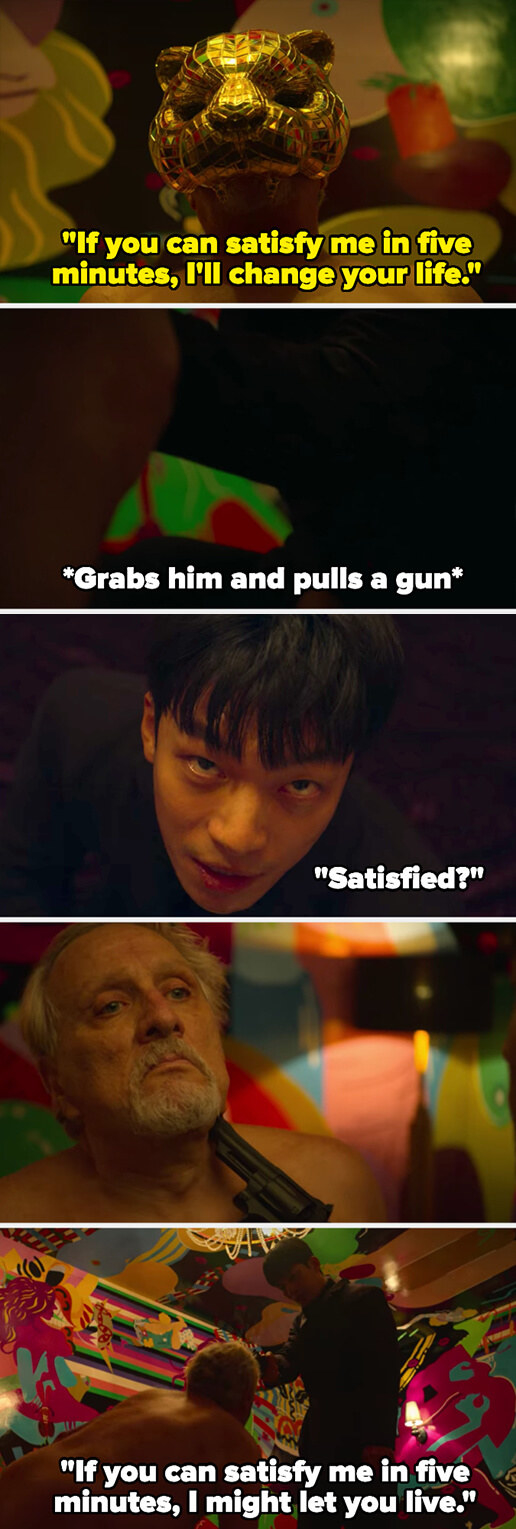 the VIP tells Jun-ho if he can satisfy him in 5 minutes, he&#x27;ll change his life – Jun-ho points a gun at him and tells him if he can satisfy him in 5 minutes, he might let him live