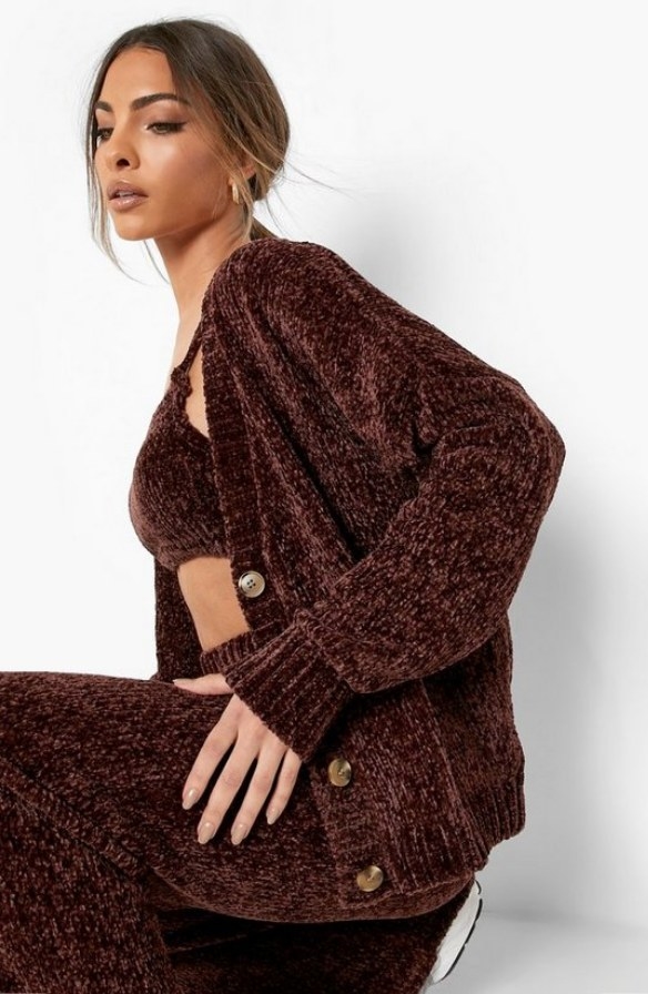 Model wearing brown chenille cardigan with matching pants