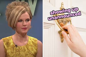 On the left, Taylor Swift furrowing her eyes angrily as Kate Gosselin in an SNL sketch, and on the right, someone knocking on a door labeled showing up unannounced