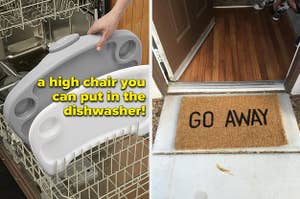 person putting a high chair tray into the bottom of a dishwasher, house front door that has a doormat that says go away