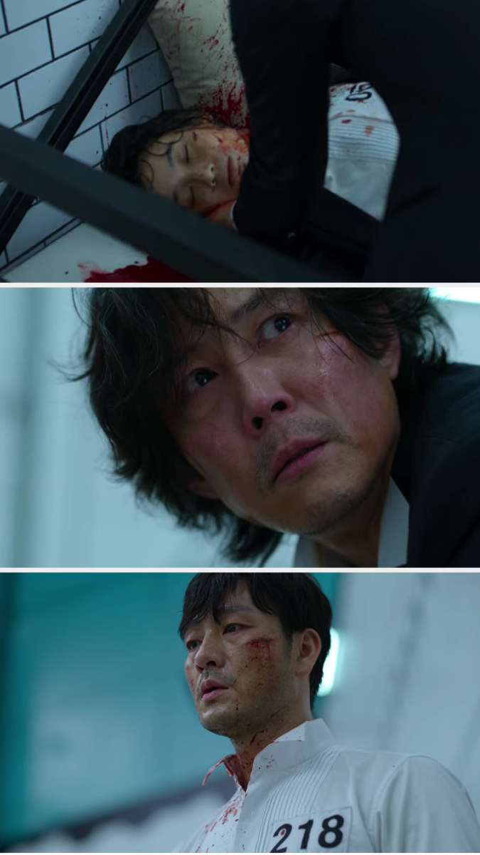 Gi-hun sees Sae-byeok dead and Sang-woo bloody with the knife