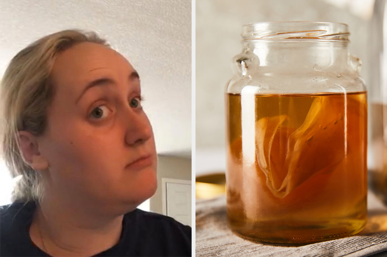 A glass of homemade kombucha next to Brittany Broski, the "Kombucha Girl," shocked after trying kombucha for the first time
