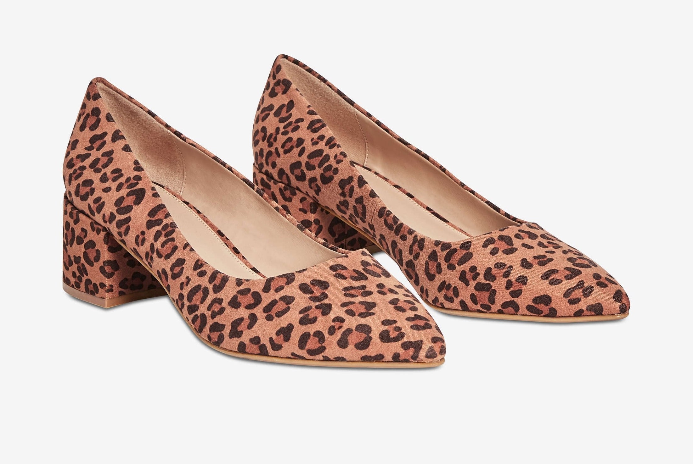A pair of low heels with a leopard print