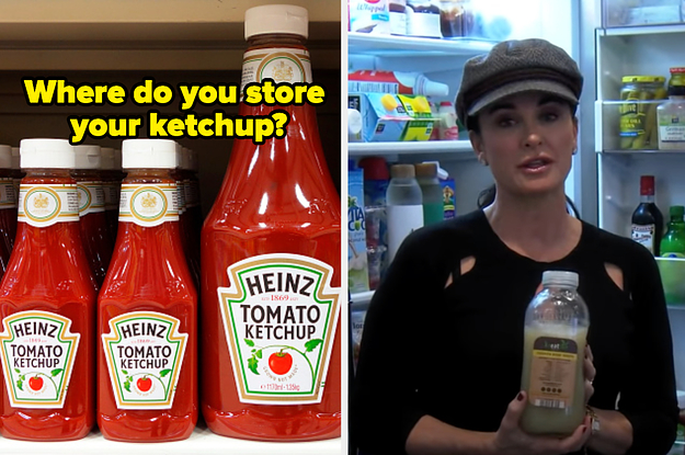 "Where do you store your ketchup?" is written above ketchup bottles on the right with Kyle Richards in her fridge on the right