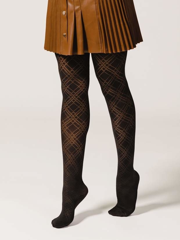 A person wearing patterned tights