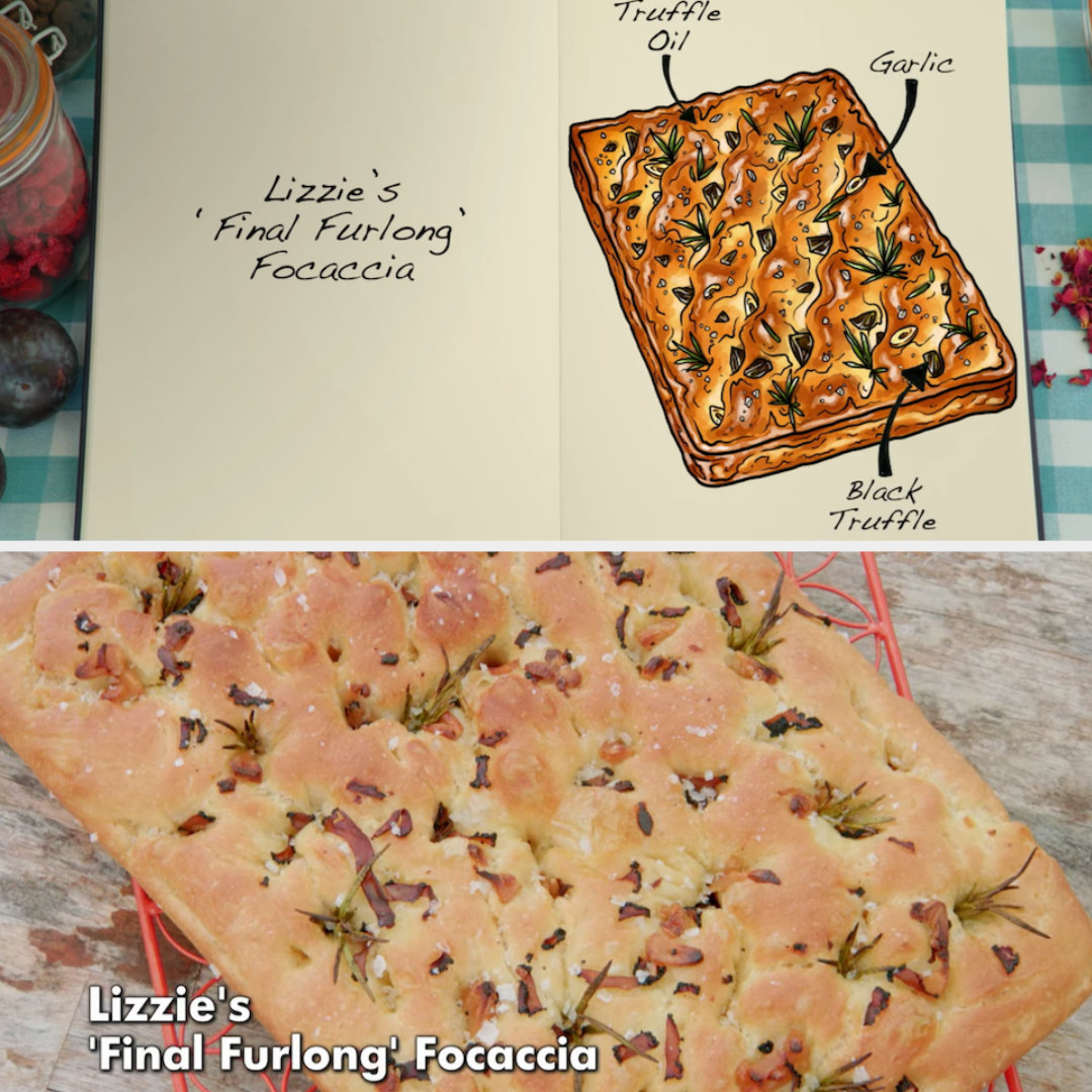 Lizzie&#x27;s focaccia with truffle oil garlic and black truffle side by side with its drawing
