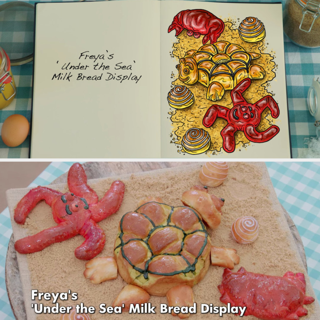 Freya&#x27;s under the sea bread sculpture side by side with its drawing
