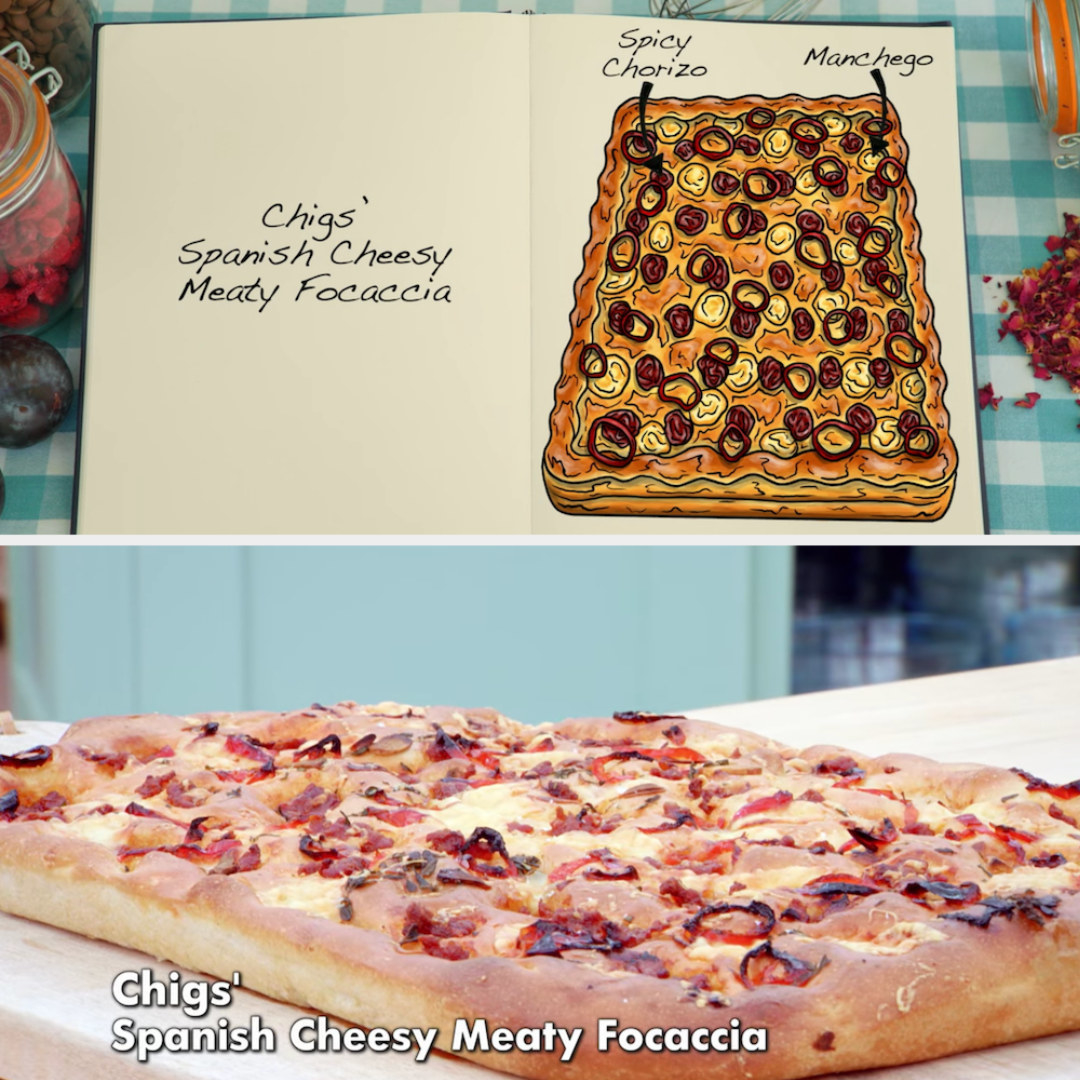 Chigs&#x27; focaccia with Spicy Chorizo and Manchego side by side with its drawing