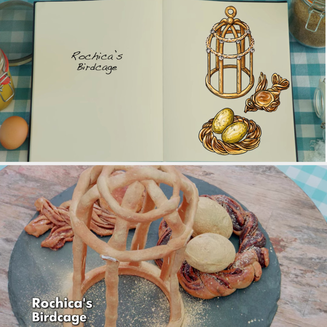 Rochica&#x27;s birdcage shaped bread sculpture side by side with its drawing