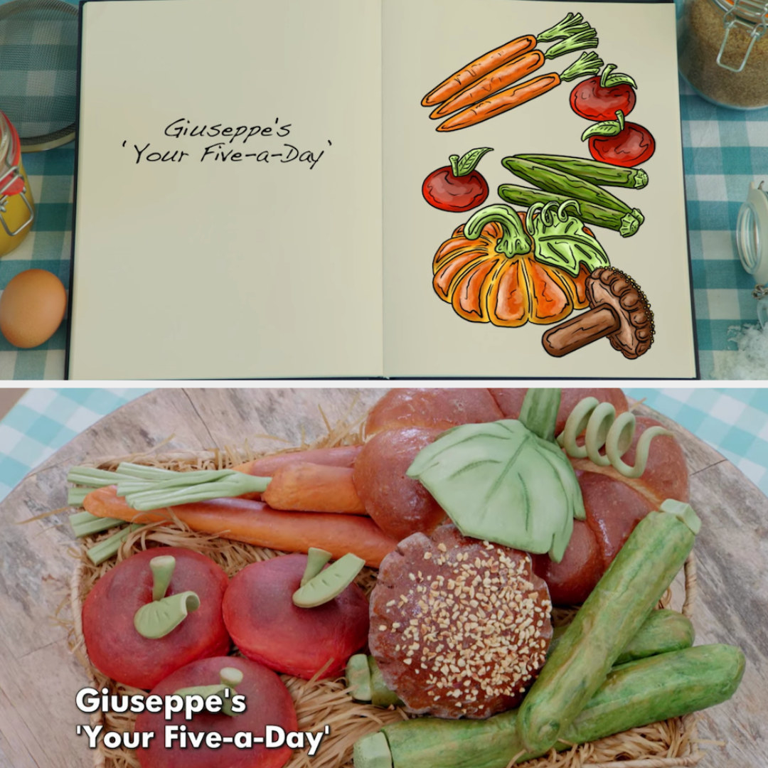 Giuseppe&#x27;s fruits and vegetable shaped bread sculpture side by side with its drawing