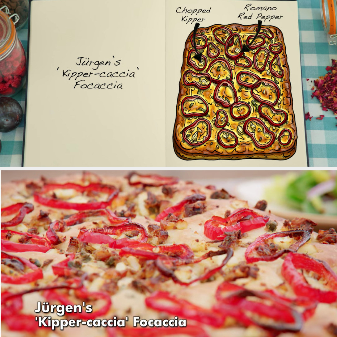 Jürgen&#x27;s focaccia with chopped kipper and romano red pepper side by side with its drawing