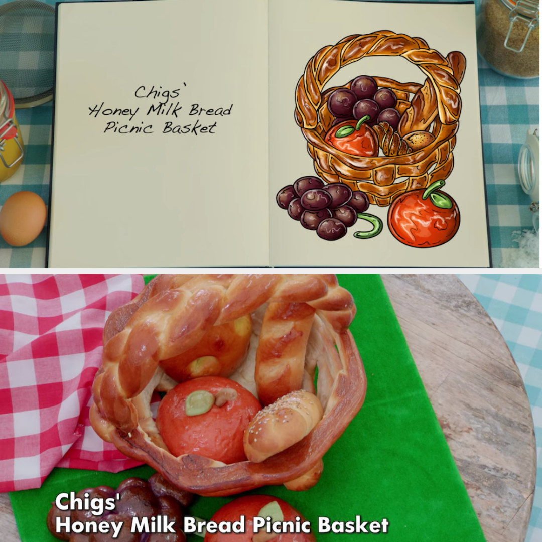 Chigs&#x27; basket shaped bread sculpture side by side with its drawing