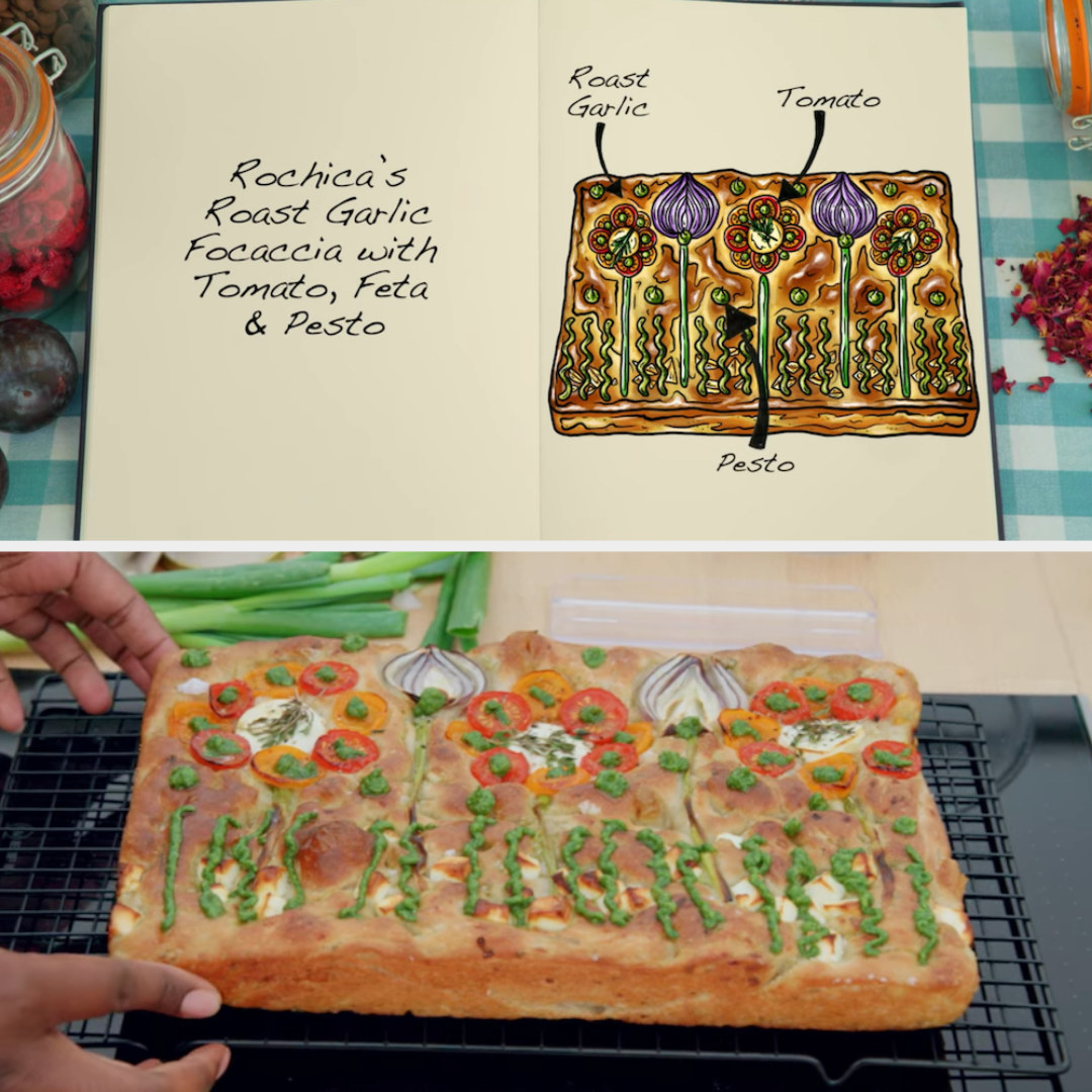 Rochica&#x27;s focaccia with roast garlic tomato and pesto side by side with its drawing