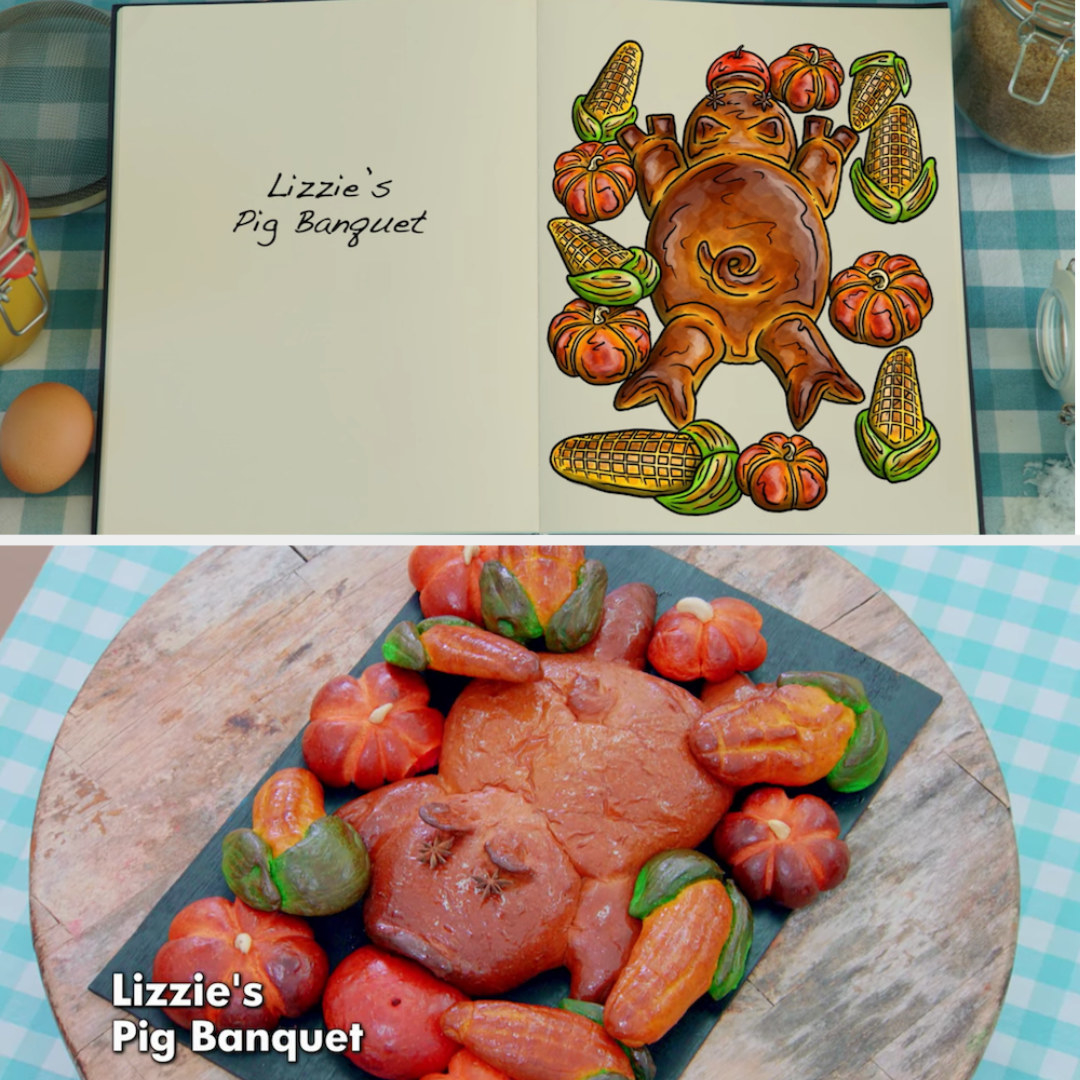 Lizzie&#x27;s pig bread sculpture side by side with its drawing