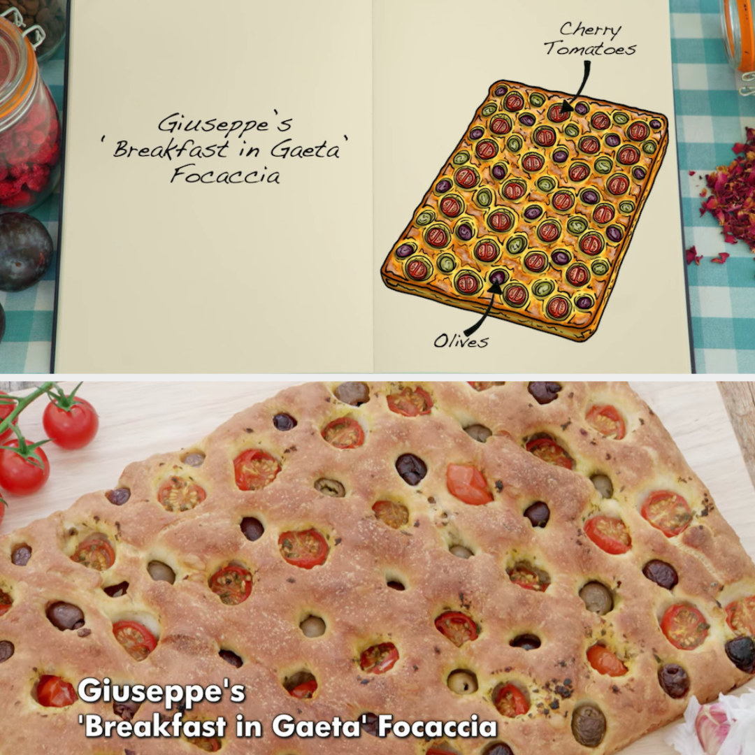 Giuseppe&#x27;s focaccia with cherry tomatoes and olives side by side with its drawing