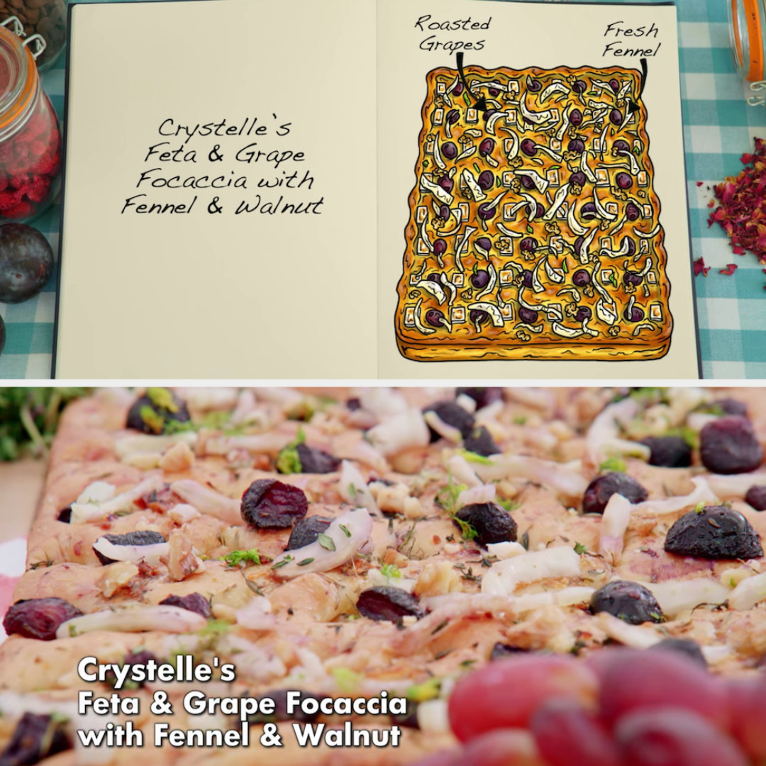 Crystelle&#x27;s focaccia with roasted grapes and fresh fennel side by side with its drawing
