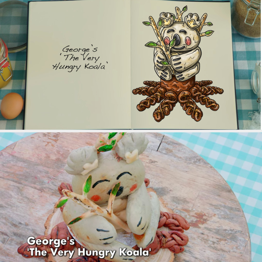 George&#x27;s koala shaped bread sculpture side by side with its drawing