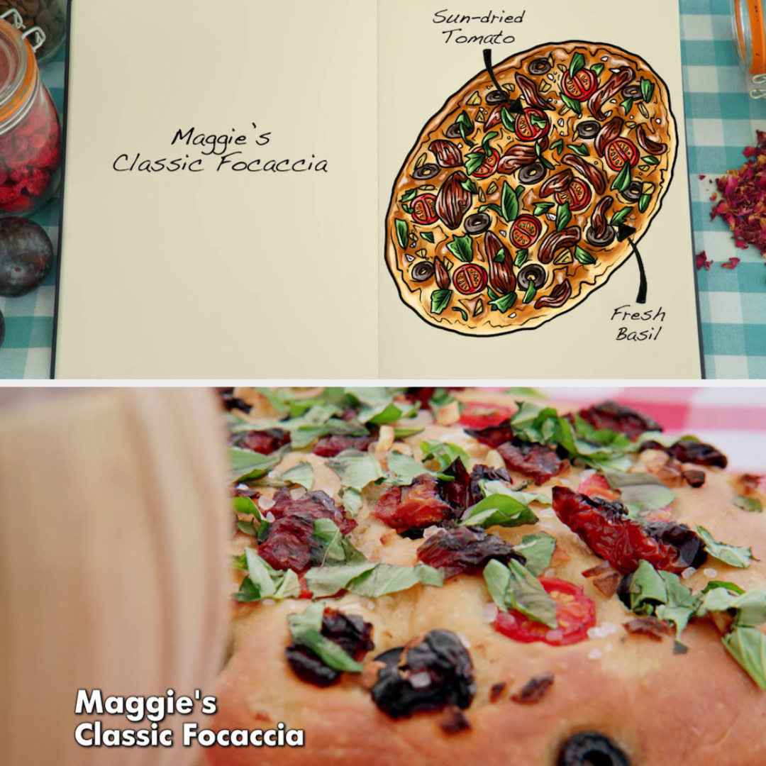 Maggie&#x27;s focaccia with sun-dried tomato and fresh basil side by side with its drawing