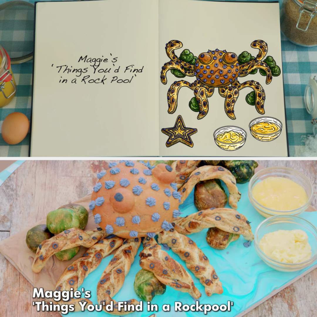 Maggie&#x27;s octopus bread sculpture side by side with its drawing