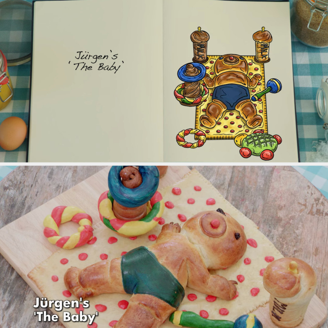 Jürgen&#x27;s baby shaped bread sculpture side by side with its drawing