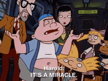 a gif of Harold in &quot;Hey, Arnold&quot; surrounded by the neighbors and saying &quot;it&#x27;s a miracle&quot;