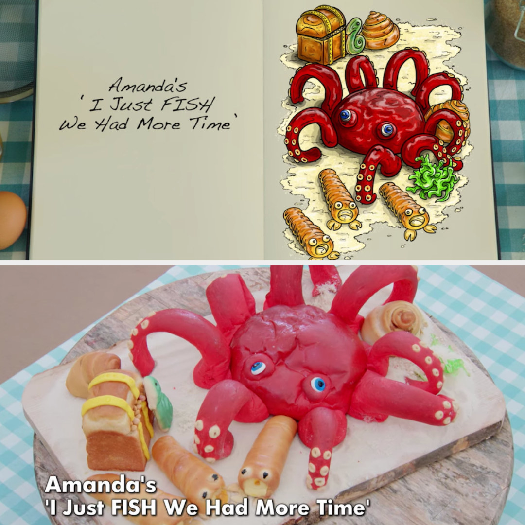 Amanda&#x27;s octopus bread sculpture side by side with its drawing